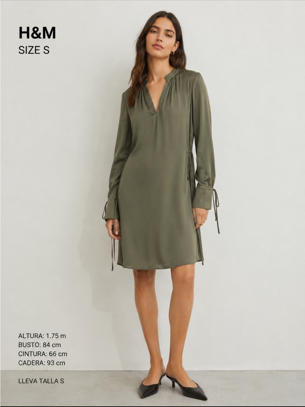 H&M Olive Green Long Sleeve V-Neck Tie Dress